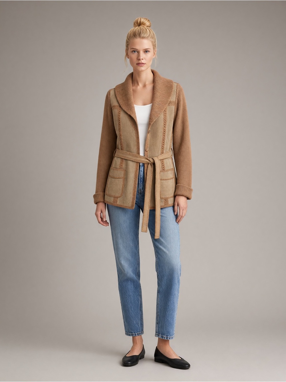 Vintage 70s Rustic western Boho Leather and Knit Shawl Collar Belted Jacket. S